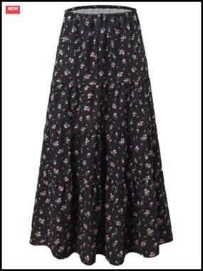 Women's Flowy Maxi Skirt High Waist Pleated A-Line Cotton Spandex Long Skirt